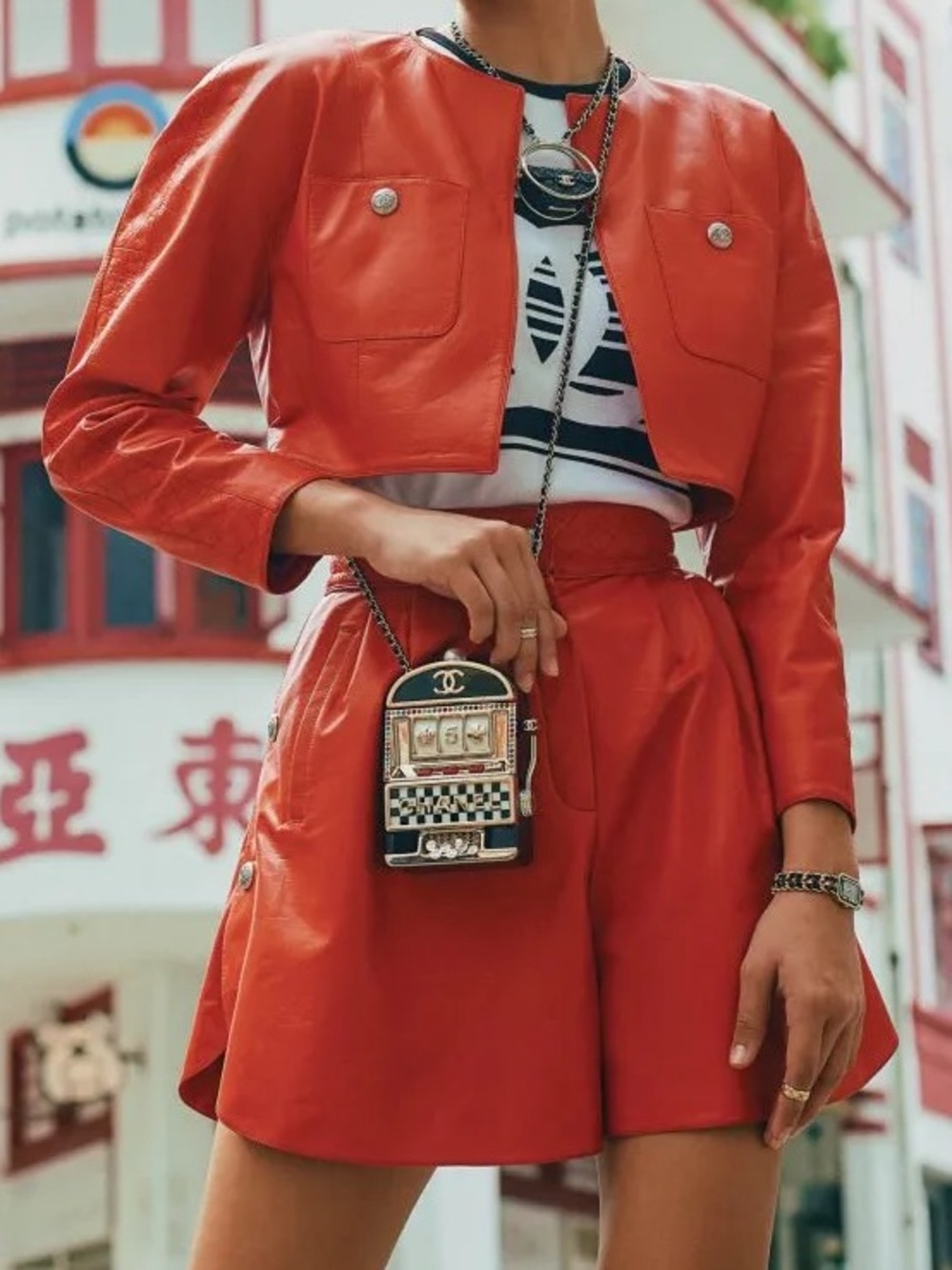 CHANEL Red High-Waist Leather Cruise Collection Shorts